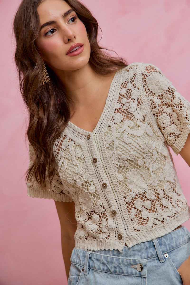 SO ME Floral Crochet Lace Button Down Cardigan 5c7c55b6863f40e8b47a269c4e6f2367-Max