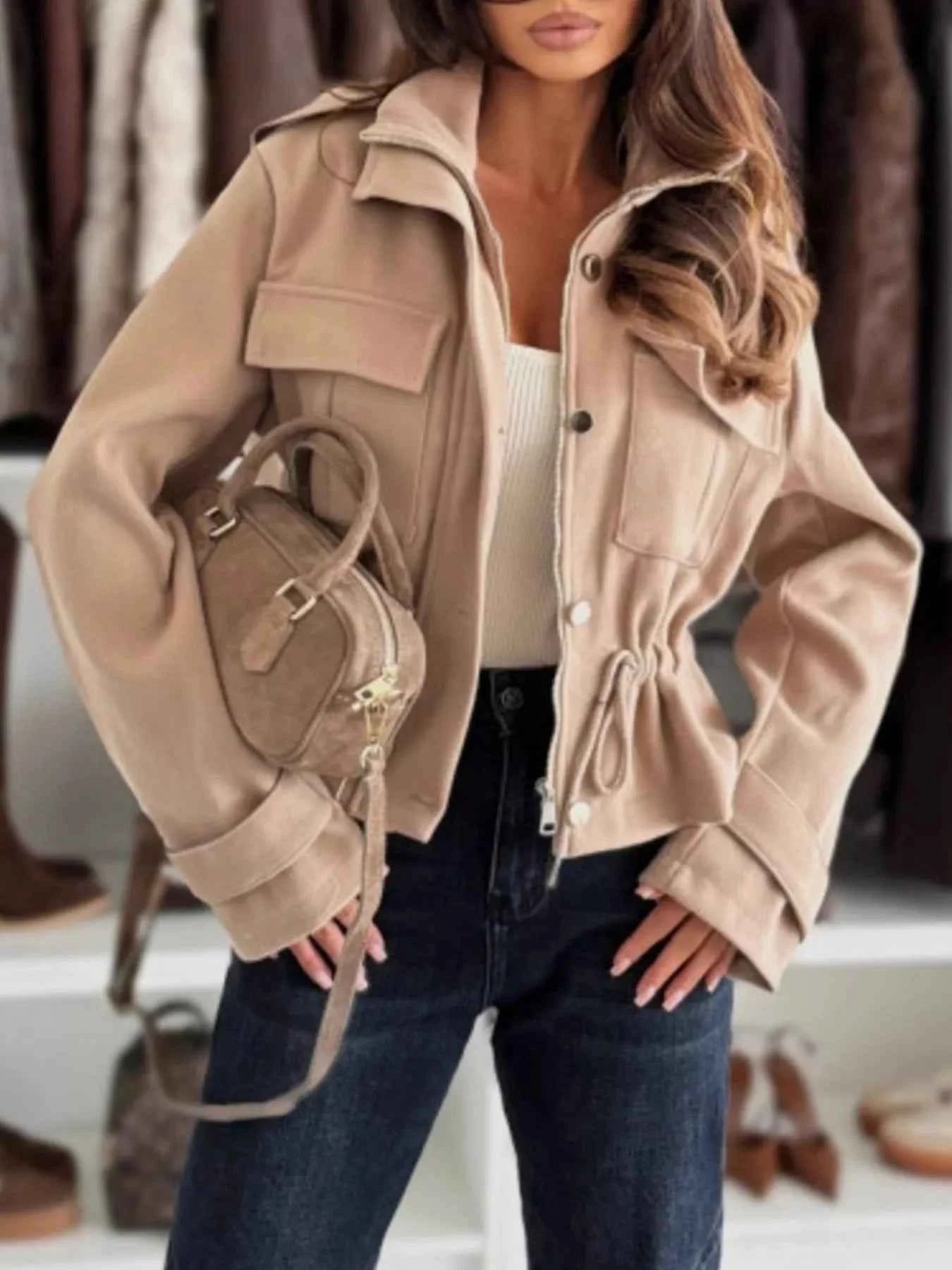 Drawstring Button-Up Casual Jacket Apricot 5c8b4371-2681-4470-882a-64f8d1150fdd-Max-Origin