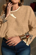 Tan Plus Size Leopard Bow Decor Split Cuffs Loose Sweater Tan 75%Polyester+20%Acrylic+5%Polyamide 5c8ee980eb990d77