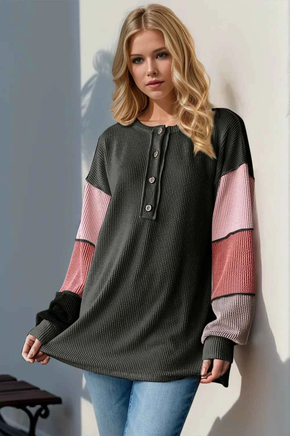 Double Take Full Size Color Block Round Neck Long Sleeve T-Shirt Black 5c9103c1-042c-4e1c-a5f8-8ac418a66170-Max