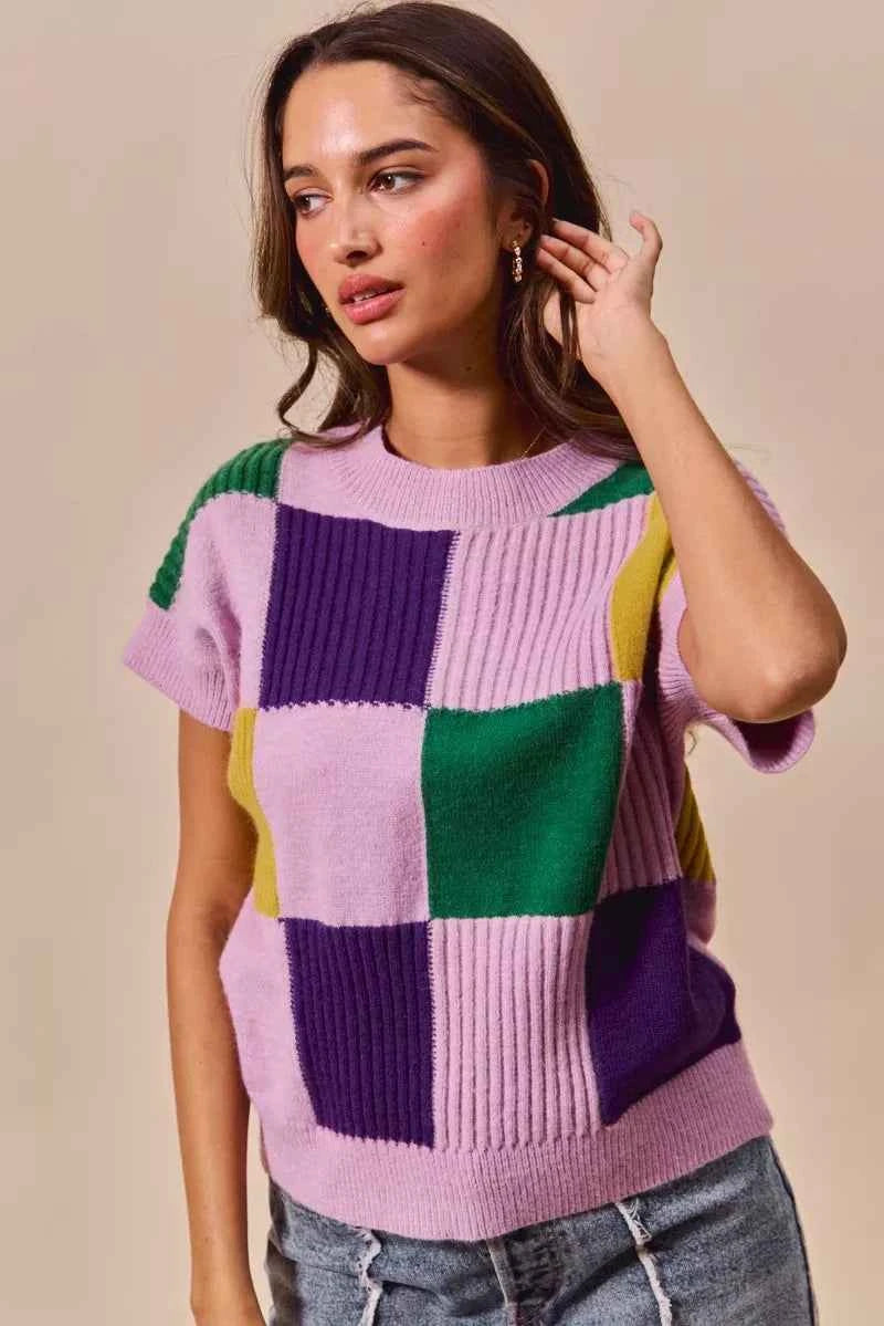 SO ME Mardi Gras Check Plaid Casual Sweater Top 5c928ef36d6e488fa0e5453ceaa92971-Max-Origin