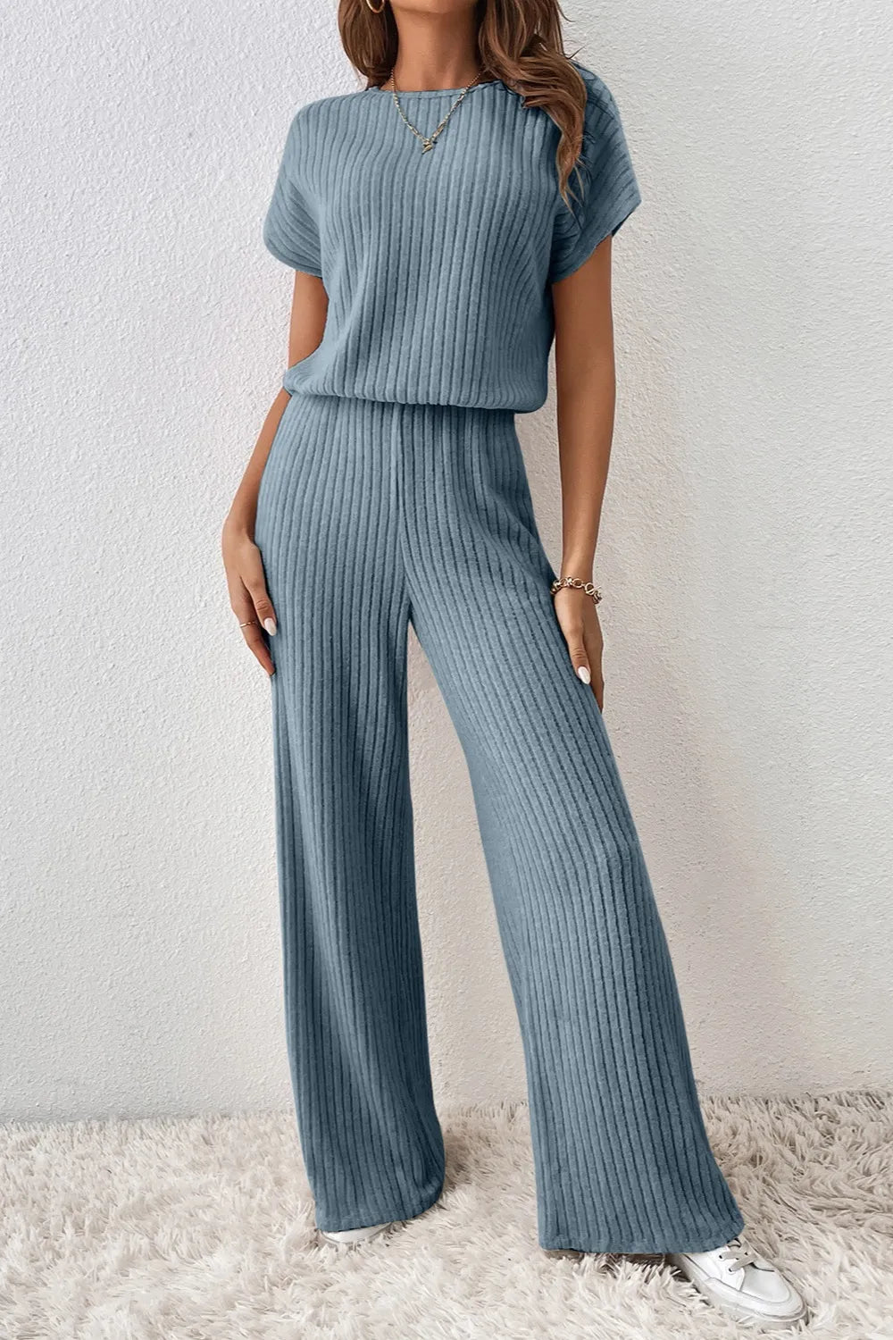 Ribbed Short Sleeve Wide Leg Jumpsuit Dark Gray 5c92ac46-138a-422c-93a5-71e4b3c38ecb-Max-Origin