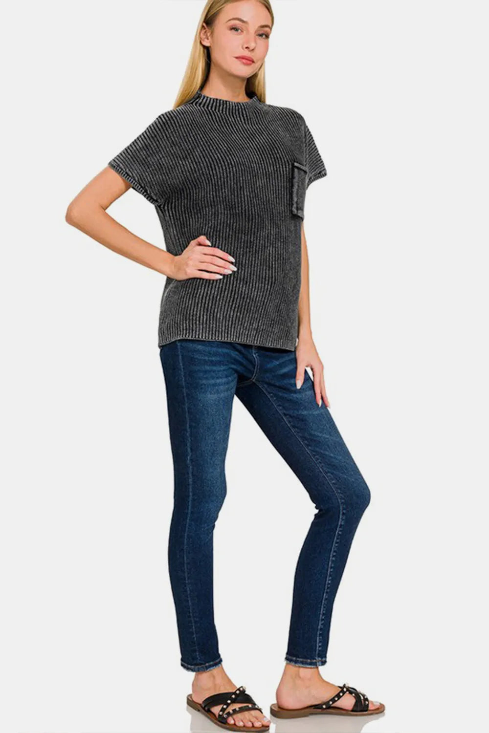 Zenana Pocketed Mock Neck Short Sleeve Sweater 5c93f213-cacc-482b-91a0-66b113f58fcd-Max