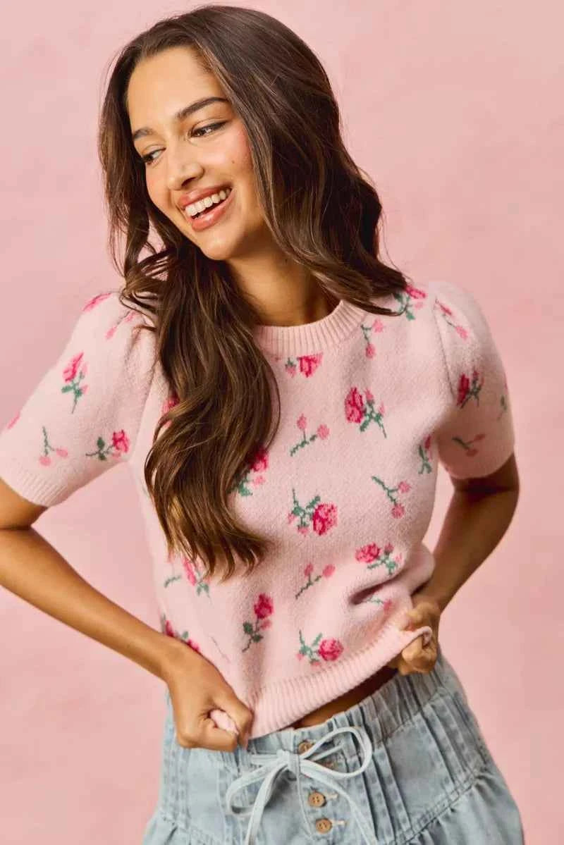 SO ME Floral Pattern Knit Puff Sleeves Sweater Top 5c97a22656c649f0acdbc1b1e5aff5be-Max-Origin