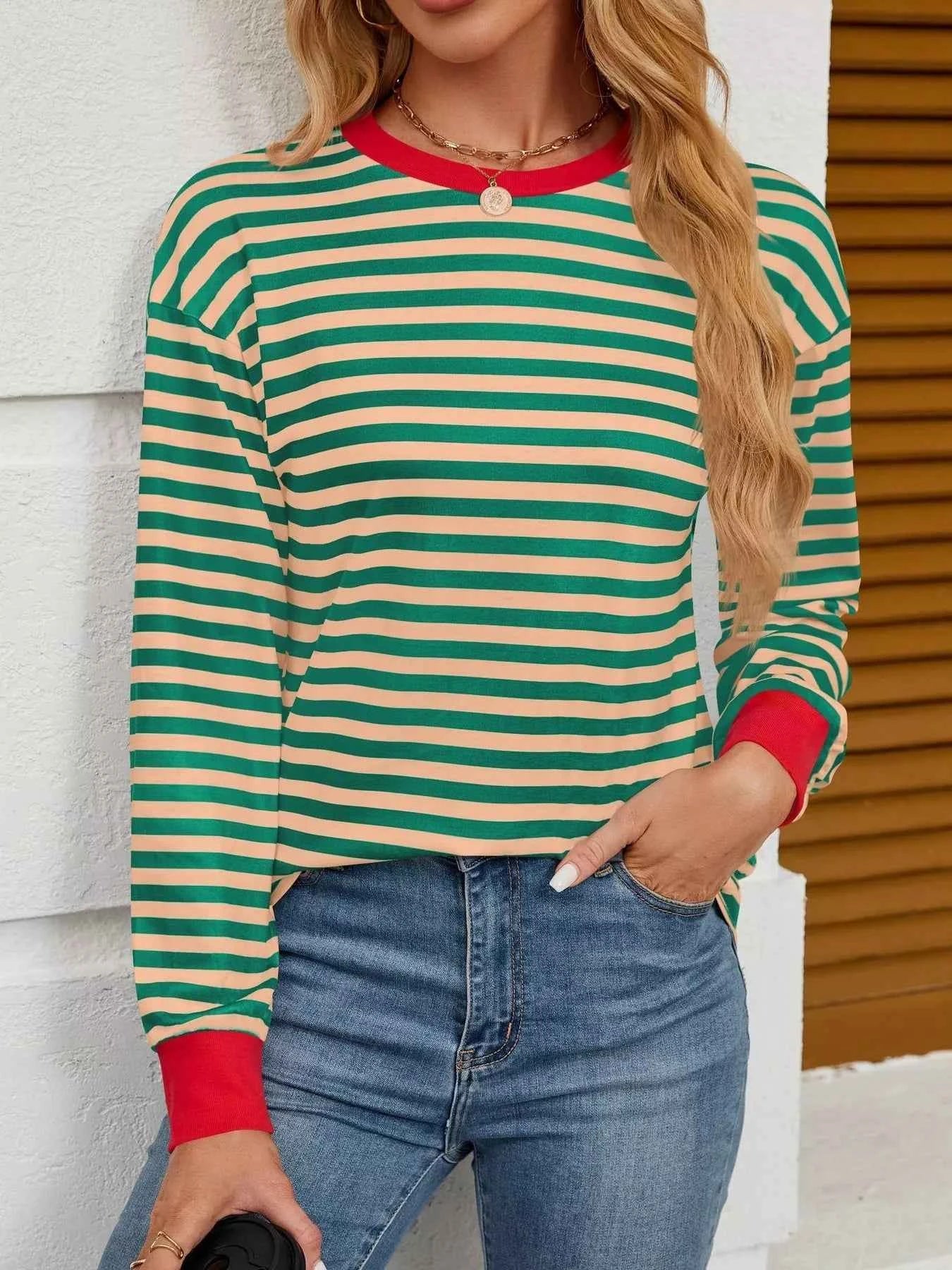 Striped Round Neck Long Sleeve T-Shirt Khaki Green 5c9975fc1d65413bbd0fad0d885e665c-Max-Origin