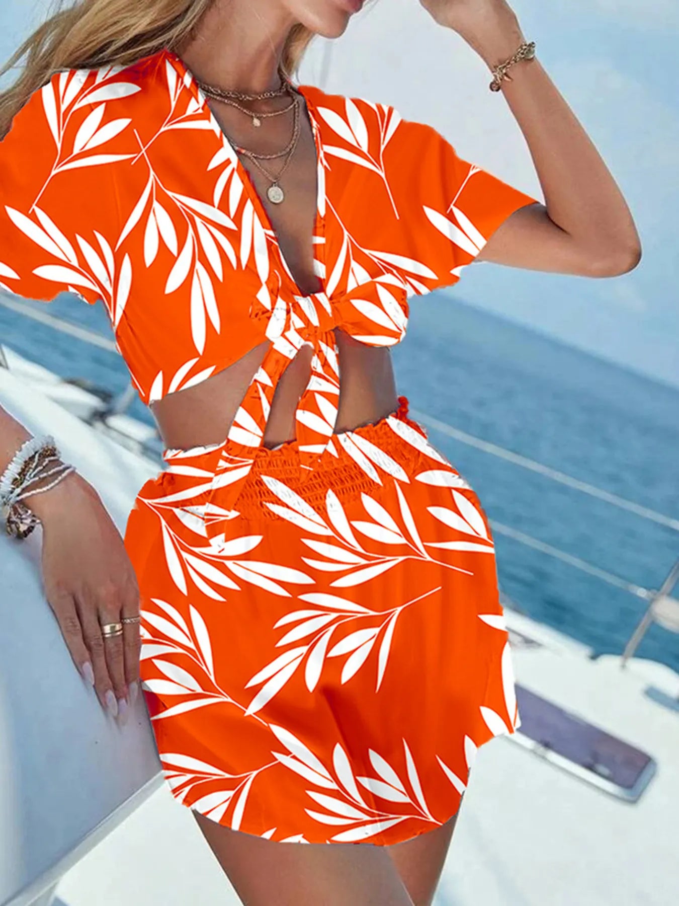 Printed Tie Front Top and Shorts Set 5c9ef53ca7754077bf92a9151cf4eb1f-Max-Origin