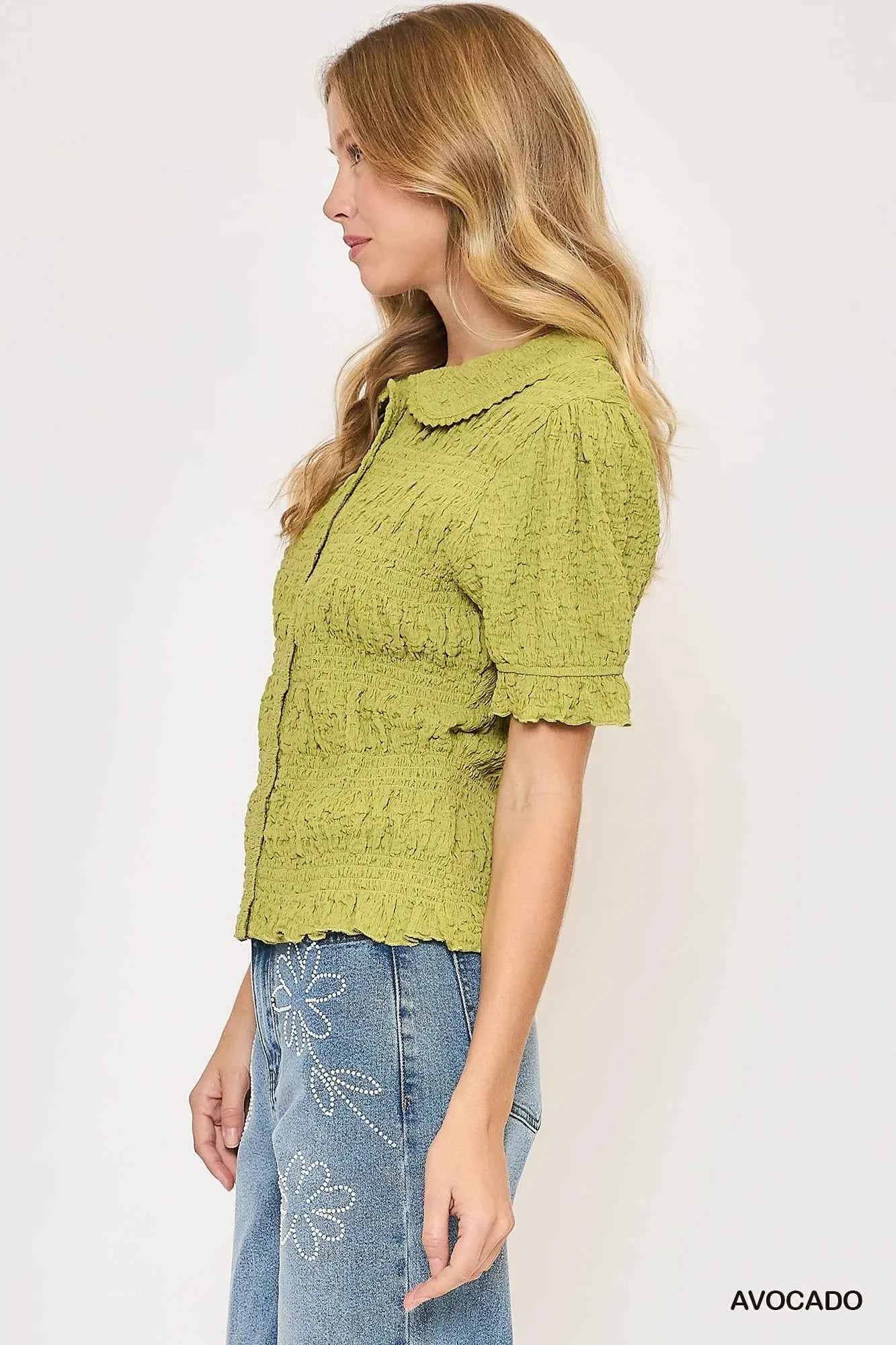 Umgee Smocked Short Sleeve Button-Front Shirt with Peter Pan Collar 5ca8bbe8-ca7f-472d-b95a-b8ab36496f82-Max-Origin