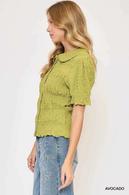Smocked Short Sleeve Button-Front Shirt with Peter Pan Collar 5ca8bbe8-ca7f-472d-b95a-b8ab36496f82-Max-Origin