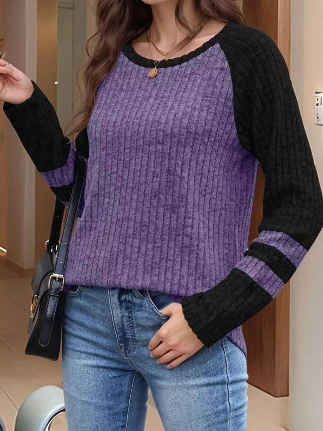 Ribbed Round Neck Raglan Sleeve Top Purple 5cafd091-a221-4bd4-a61c-7f818c17b766-Max-Origin