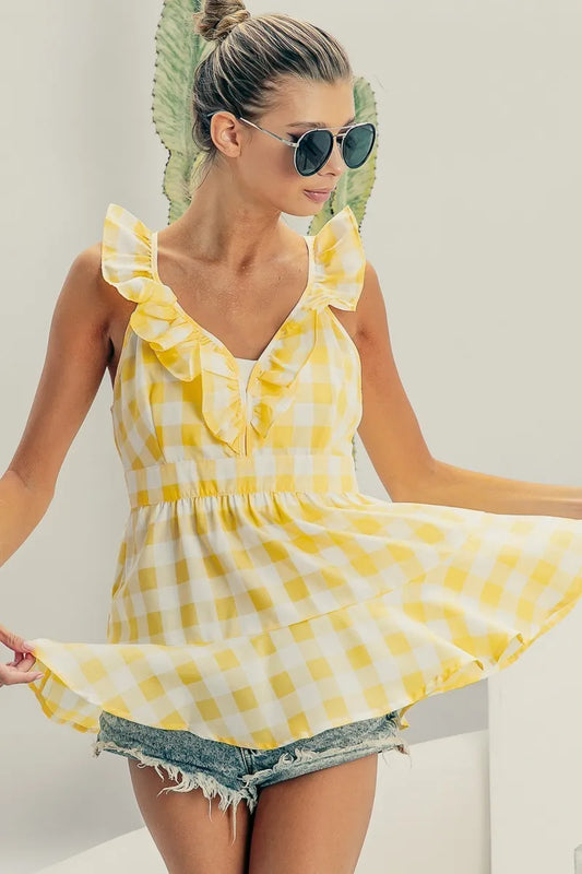 Ruffled Neckline Sleeveless Check Plaid Peplum Top 5cb4cc1205444bb095e9d690310fdb3c-Max-Origin