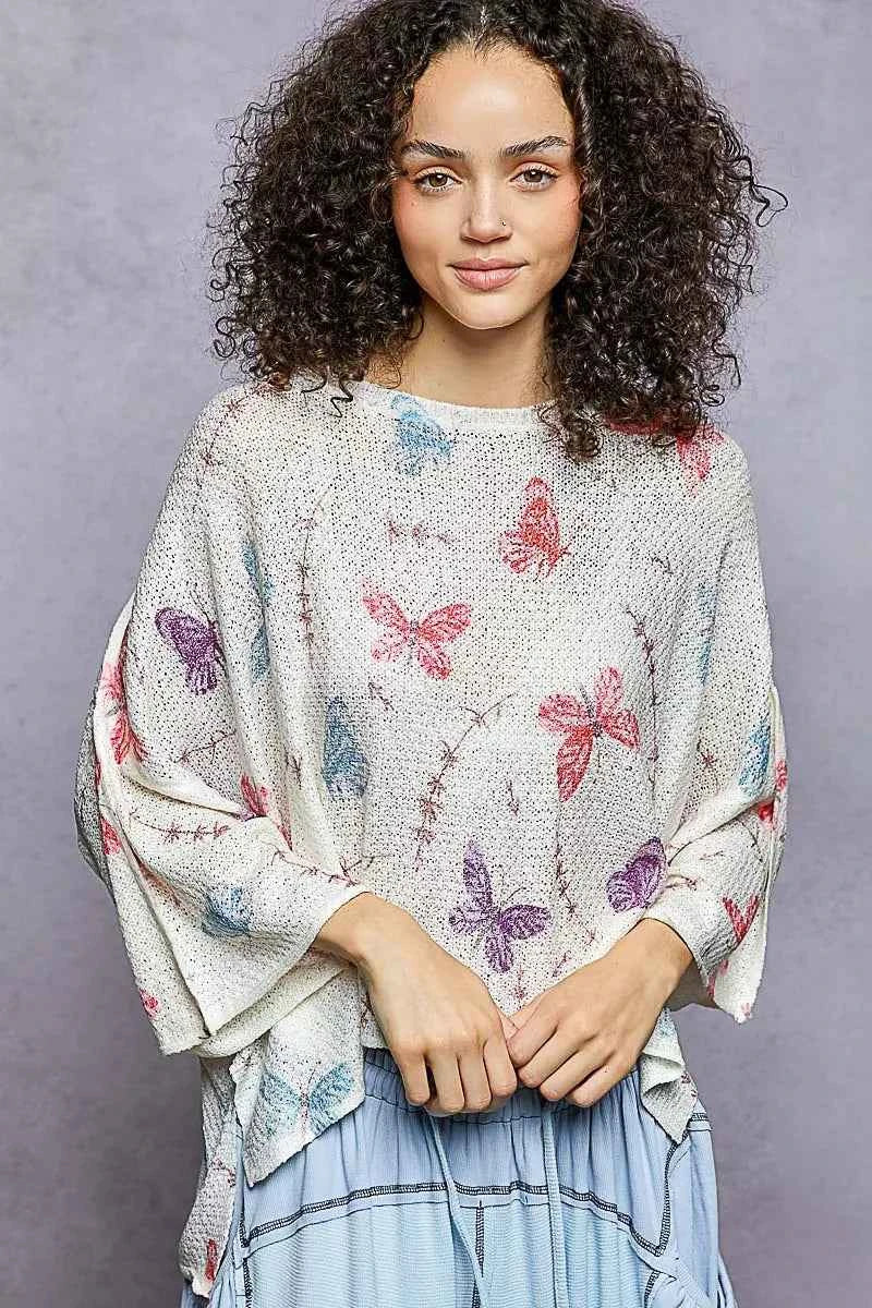POL Butterflies Pattern Round Neck knit Top with Outseam Rolling Edge 5cb68687-4e44-4a54-83cd-070803510f6d-Max-Origin