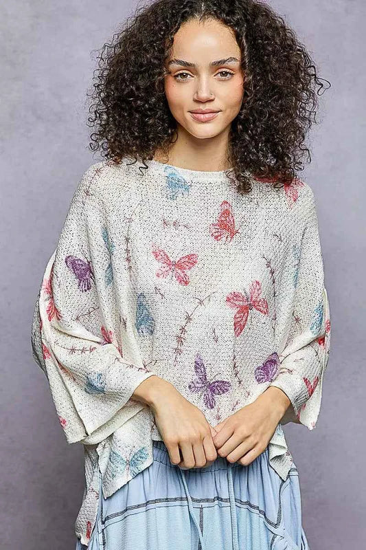 POL Butterflies Pattern Round Neck knit Top with Outseam Rolling Edge 5cb68687-4e44-4a54-83cd-070803510f6d-Max-Origin