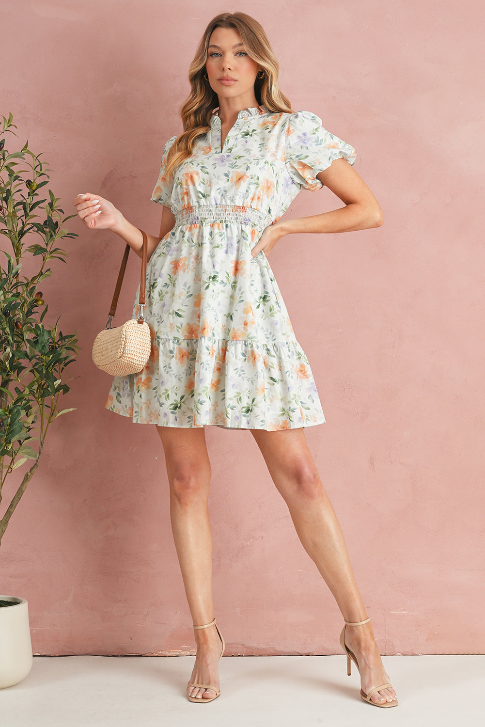 Beige Floral Print Smocked High Waist Puff Sleeve Mini Dress 5cb86ab4c196efcd