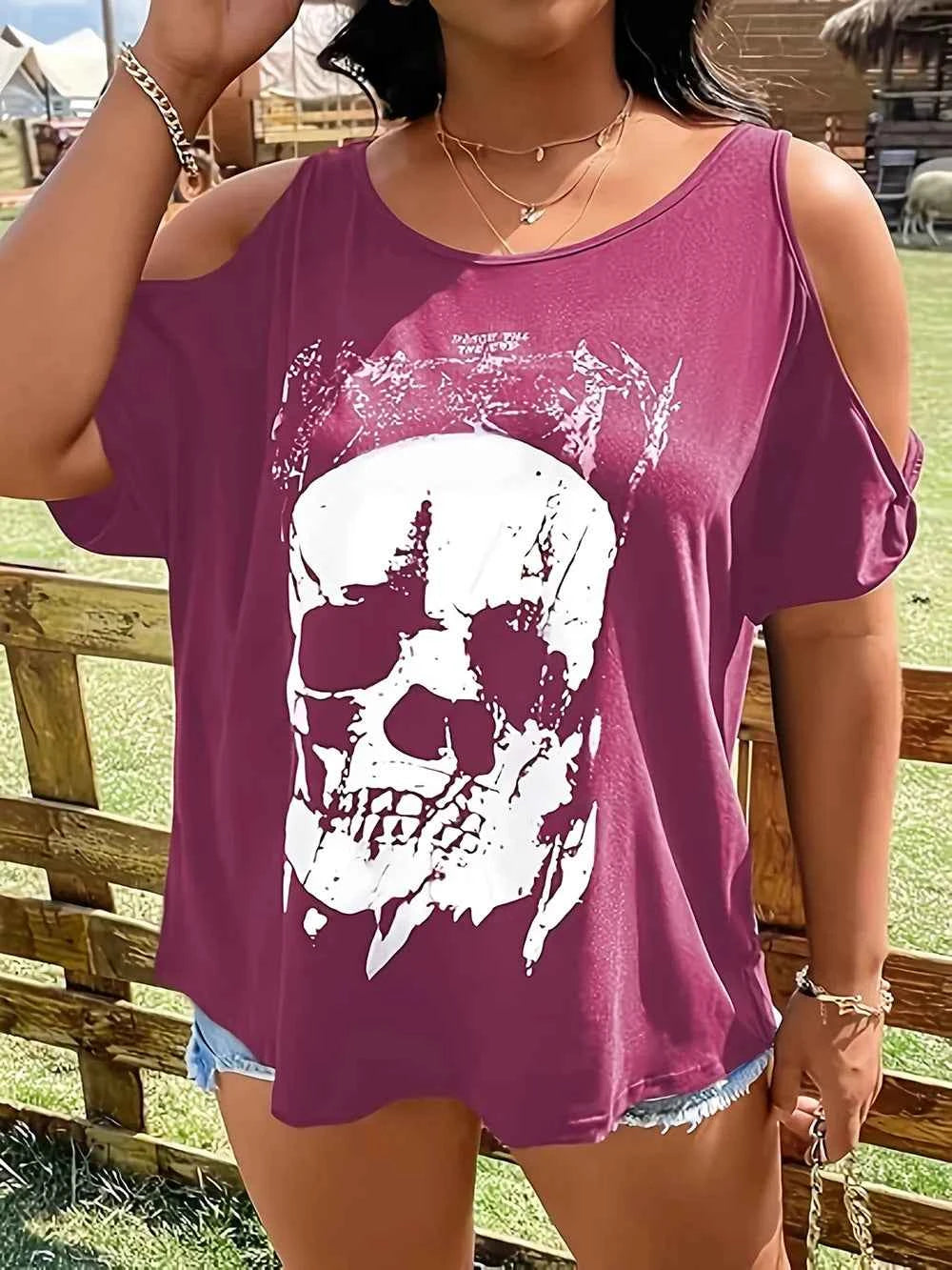 Plus Size Skeleton Graphic Round Neck Cold Shoulder T-Shirt 5cbb8b54-b572-4082-89a1-bfe48995686e-Max