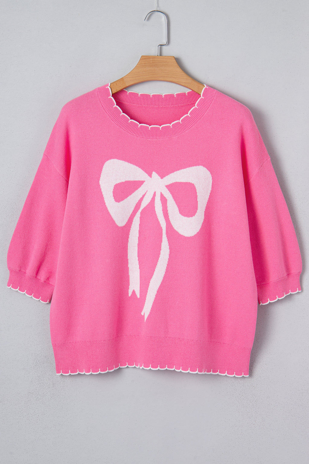 Sachet Pink Big Ribbon Bow Print Contrast Stitch Trim Drop Shoulder Sweater 5cbc9a163468947f