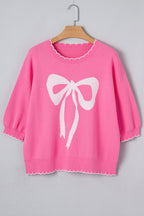 Sachet Pink Big Ribbon Bow Print Contrast Stitch Trim Drop Shoulder Sweater 5cbc9a163468947f
