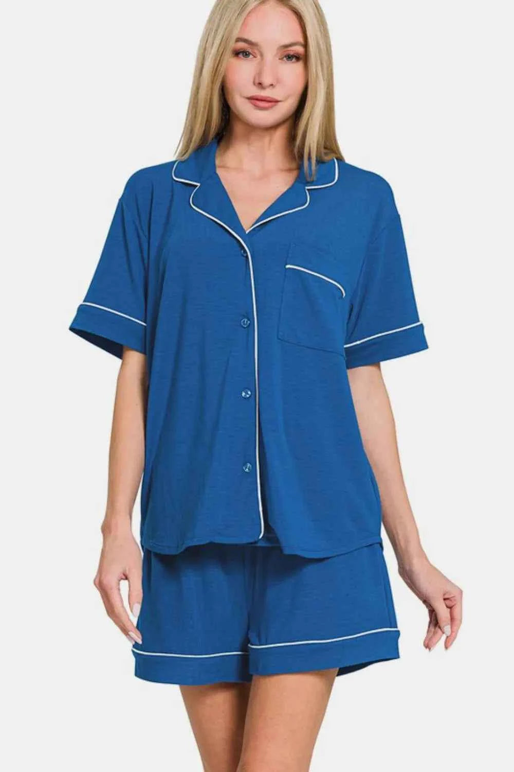 Zenana Button Down Short Sleeve Top and Shorts Lounge Set Classic Blue 5cc99e3b-ba10-433b-b328-f68de2990032-Max