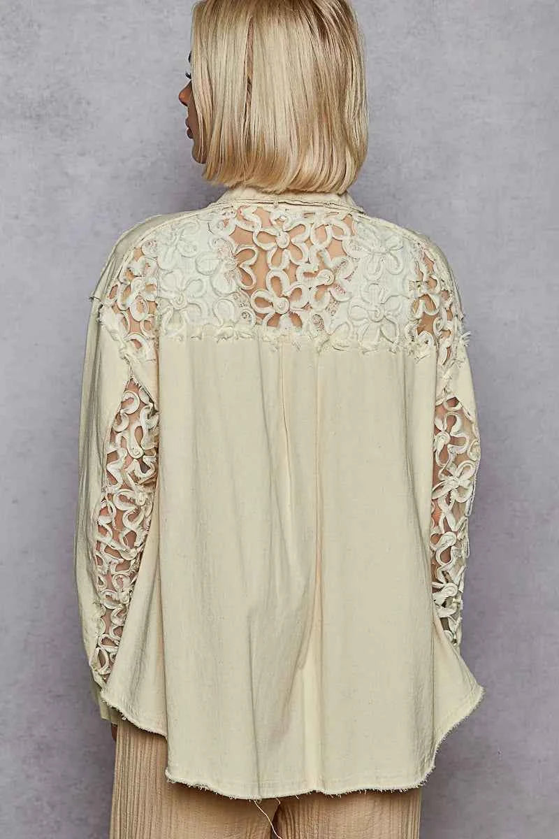 POL Button Down Raw Edg Shirt with Pearl Lace Patch 5ccc13ad-5f82-46b2-a9f9-5393ba3d613e-Max-Origin