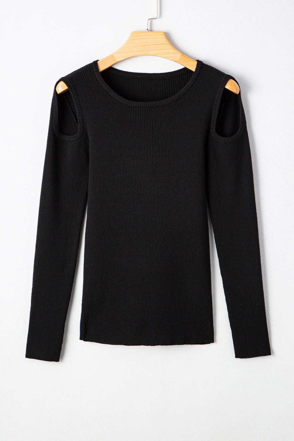 Black Ribbed Knit Cold Shoulder Plain Sweater 5cce14417a939125