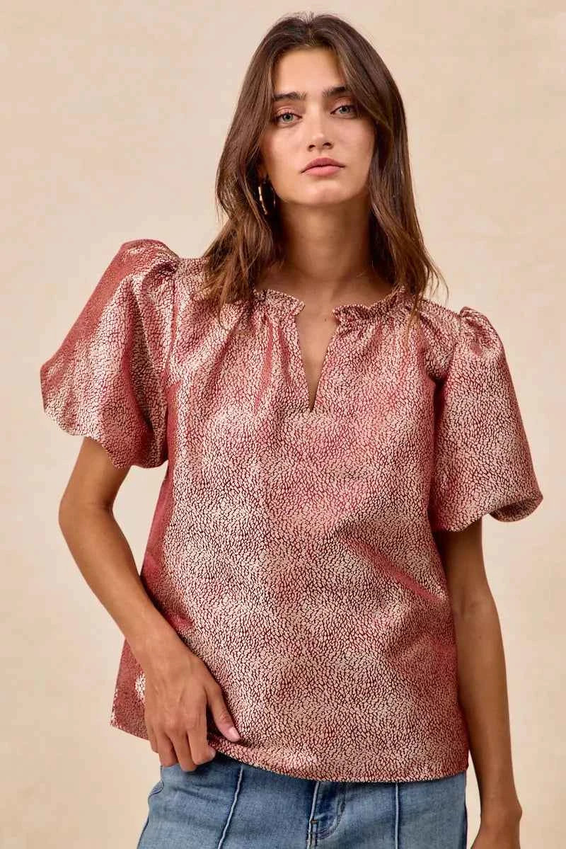 BiBi Jacquard Woven Short Balloon Sleeves V Neck Top 5cd113c1803c4e7e975a541f1f78ed79-Max-Origin