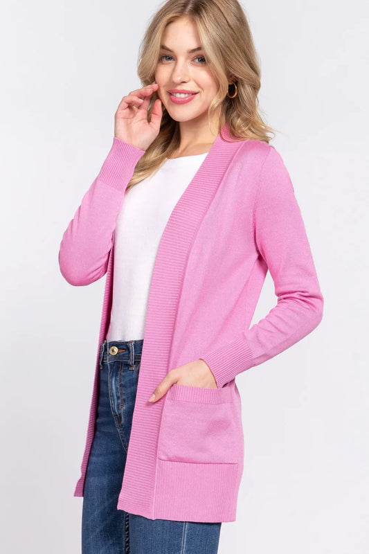 ACTIVE BASIC Ribbed Trim Open Front Cardigan PINK 5cd36567-cdbc-4556-9869-67a17840f34b-Max