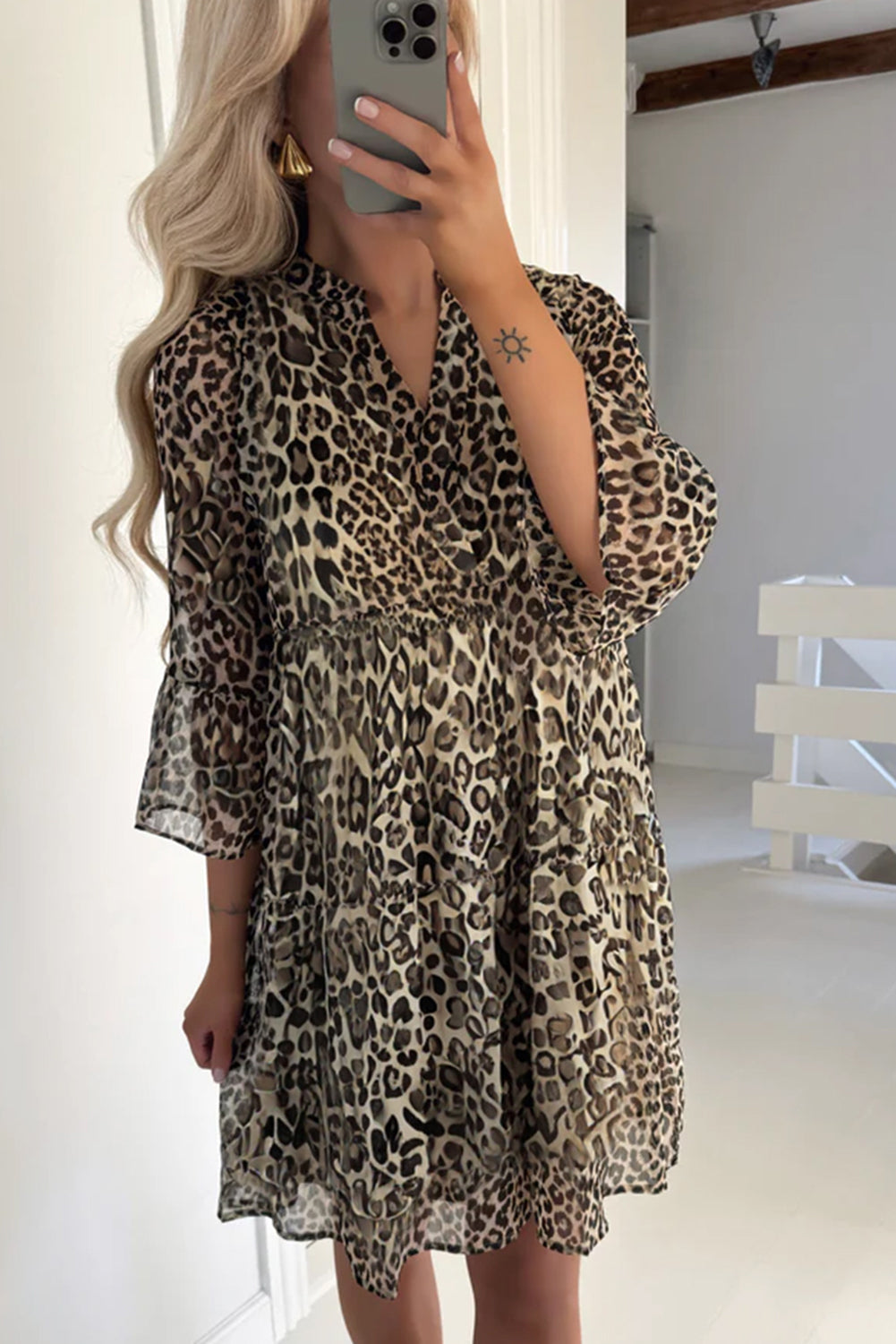 Khaki Leopard 3/4 Sleeve V Neck Swing Dress 5cd4edd50ad2e34d