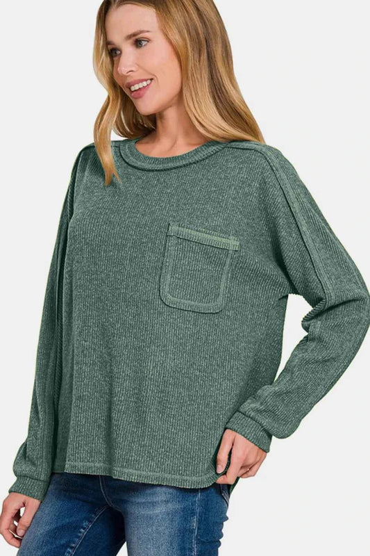 Zenana Full Size Contrast Stitching Brushed Ribbed Hacci Knit Top 5cde3c84-8659-4b0c-8359-2ce3a6e6fbee-Max
