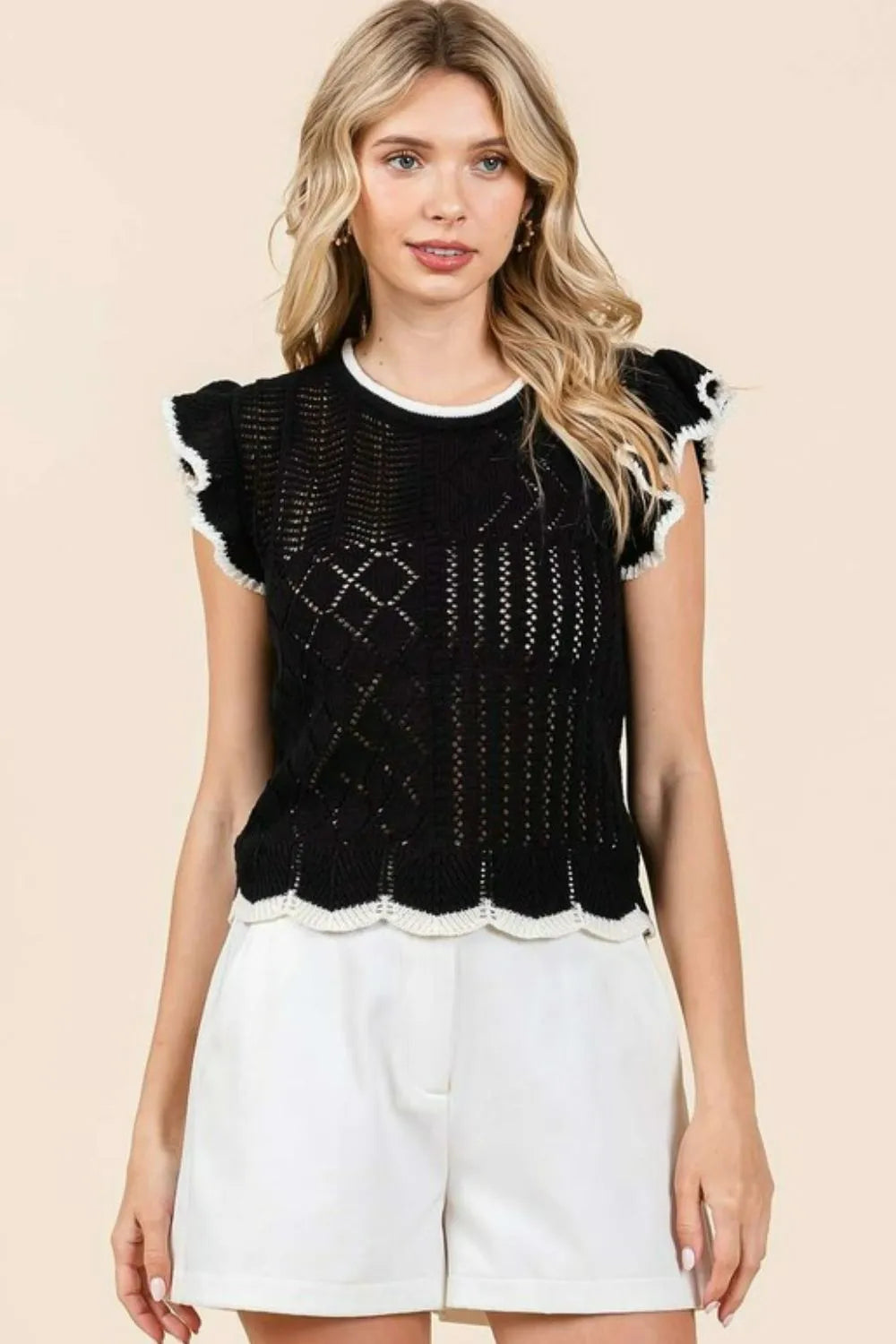 Mittoshop Openwork Contrast Trim Ruffled Cap Sleeve Knit Top 5cde990a-ed3a-46c1-ab62-934c6c82bc67-Max
