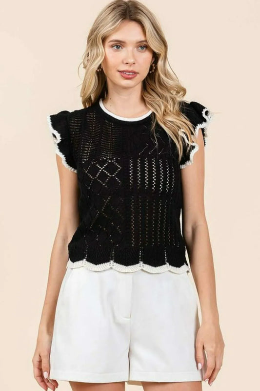 Mittoshop Openwork Contrast Trim Ruffled Cap Sleeve Knit Top 5cde990a-ed3a-46c1-ab62-934c6c82bc67-Max