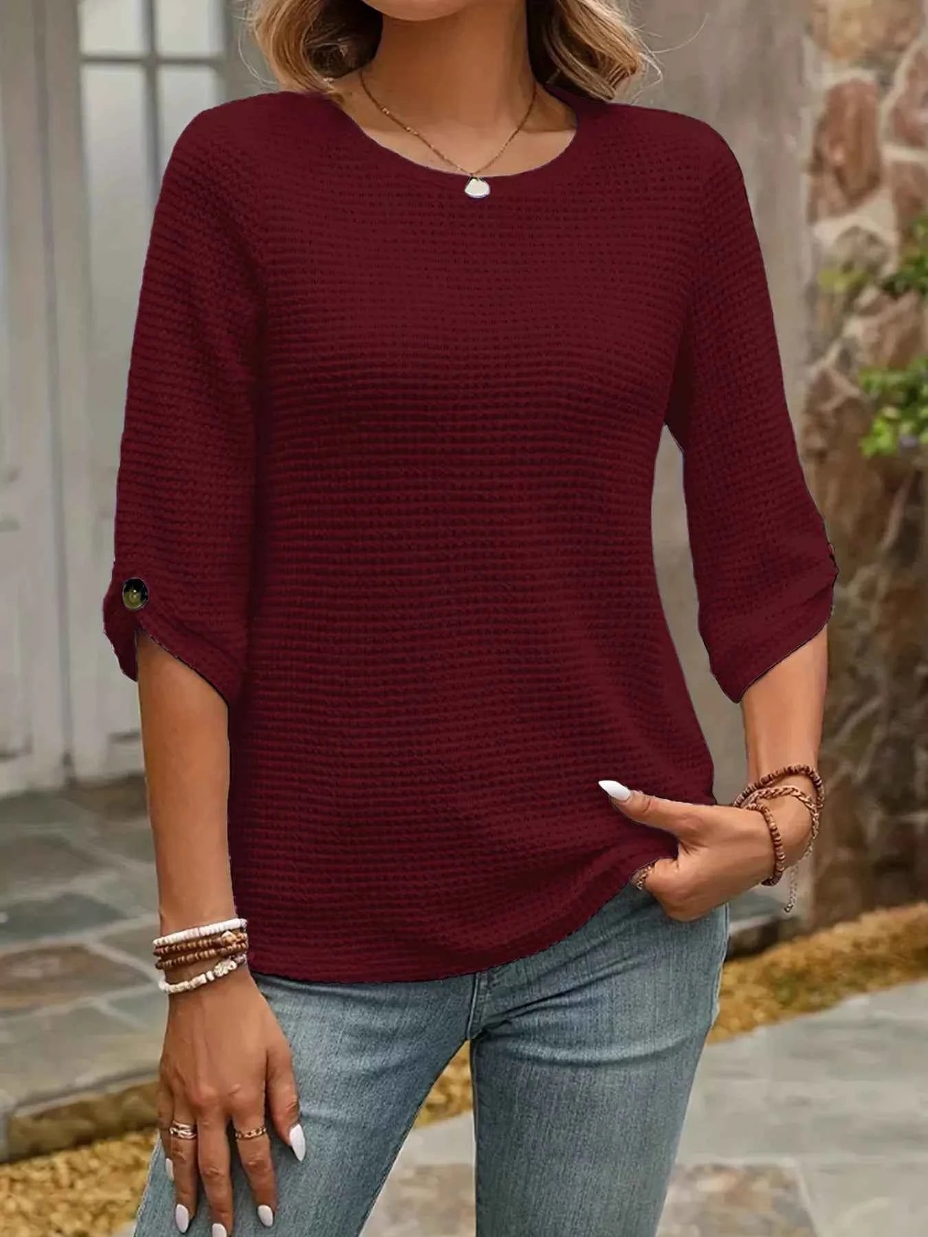 Waffle-Knit Round Neck Knit Top 5ce2e9041d2546d7a9362220d2e10934-Max-Origin