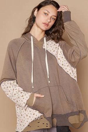 Floral Patchwork Distressed Drawstring Hoodie Mocha 5ce7cf87-7aa9-4a69-a6d1-df6db62eb7eb-Max