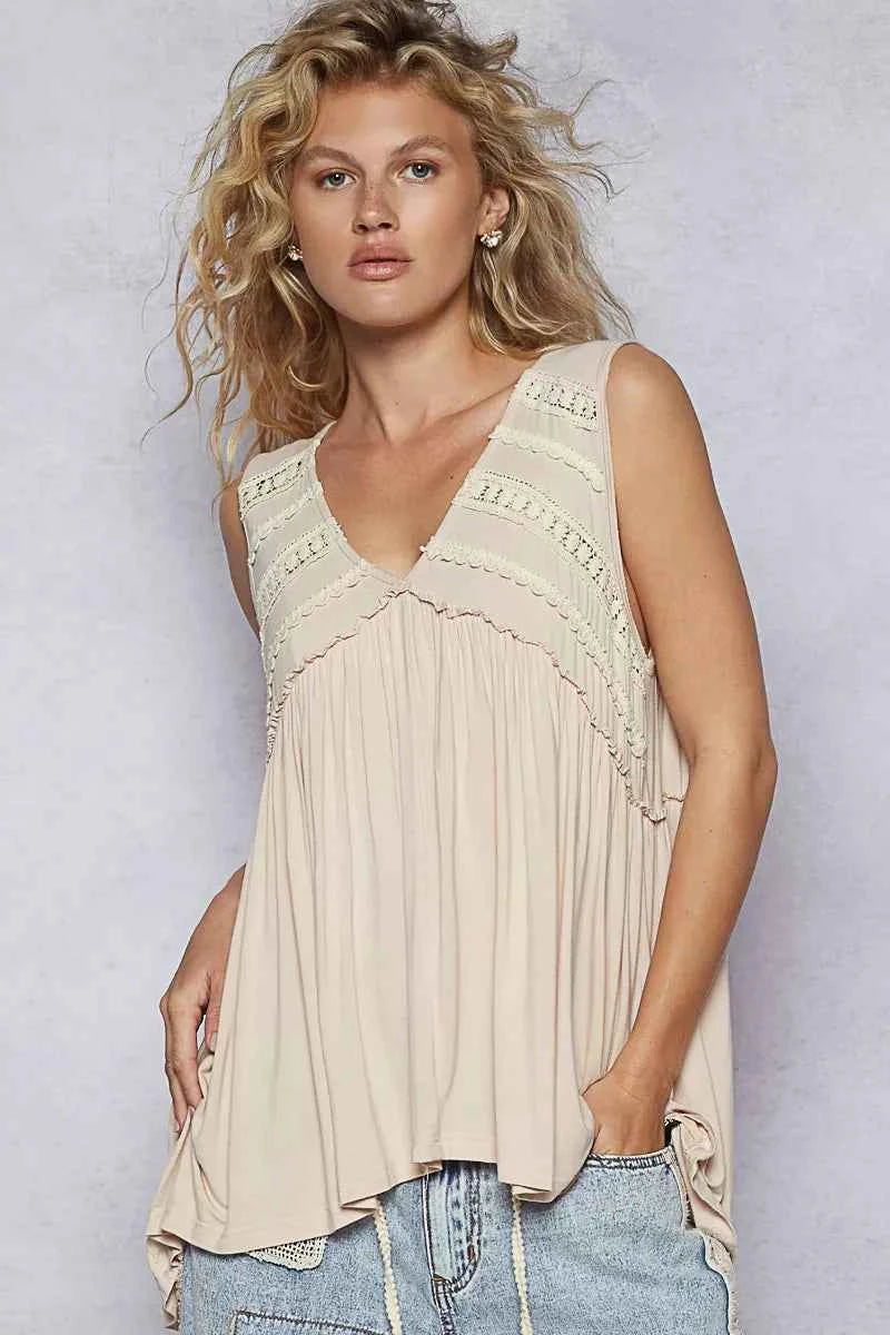 Lace Trim Babydoll Sleeveless Top with Ruffled and Raw Edge Detail ALMOND 5ce9d2c7-365d-404a-9a2e-764aa1c11258-Max-Origin