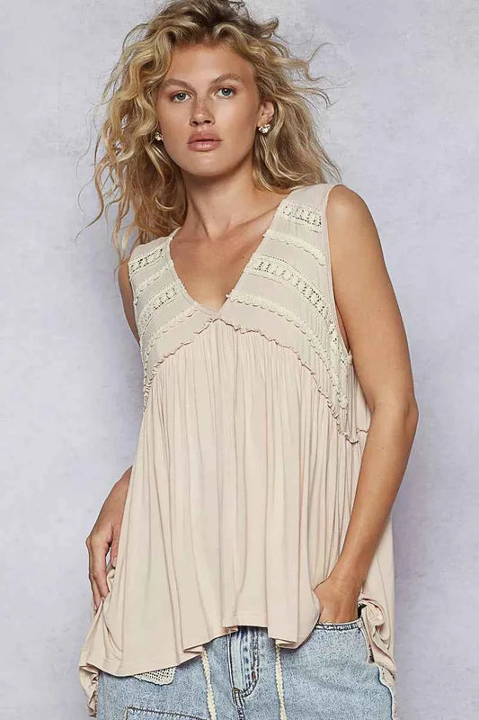 Lace Trim Babydoll Sleeveless Top with Ruffled and Raw Edge Detail ALMOND 5ce9d2c7-365d-404a-9a2e-764aa1c11258-Max-Origin