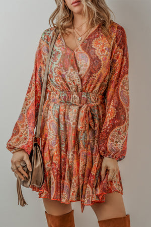 Orange Boho Paisley Print Long Sleeve Pleated Belted Mini Dress Orange 100%Polyester 5cebfb894a4f05e3