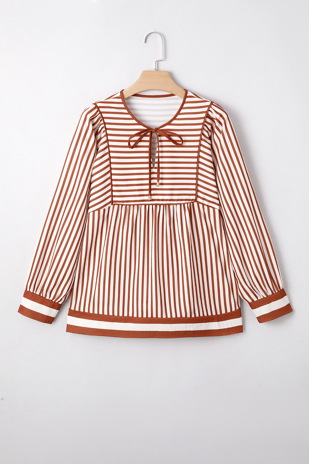 Brown Striped Drawstring V Neck Blouse 5cefe420412b9fb5