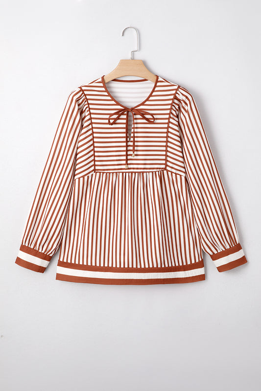 Brown Striped Drawstring V Neck Blouse 5cefe420412b9fb5