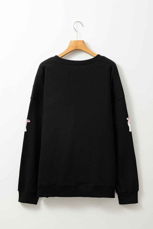 Black Cute Bow Ghost Sequins Patch Graphic Crew Neck Halloween Sweatshirt Black 50%Polyester+50%Cotton 5cf534005a949b1d