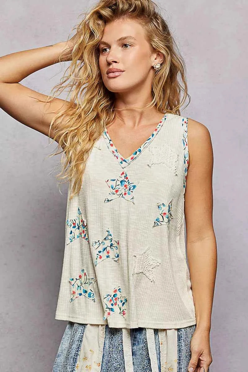 POL Floral Print Star Patch V-Neck Ribbed Tank 5cf5d90a-d7f9-4c33-833e-a47f4a2d54bf-Max-Origin