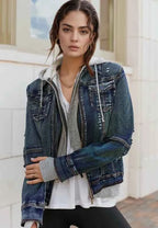 Fake Two-Piece Hooded Zip-Up Denim Jacket 5cf88821-9f0b-4942-94f4-23ab58be25cf-Max