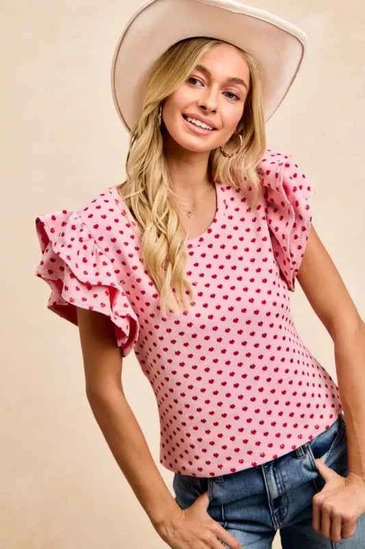 BiBi Heart Patterned Knit Ruffled Sleeves Top 5cffbab2-4b8f-4c34-9618-7f752198cb44-Max-Origin