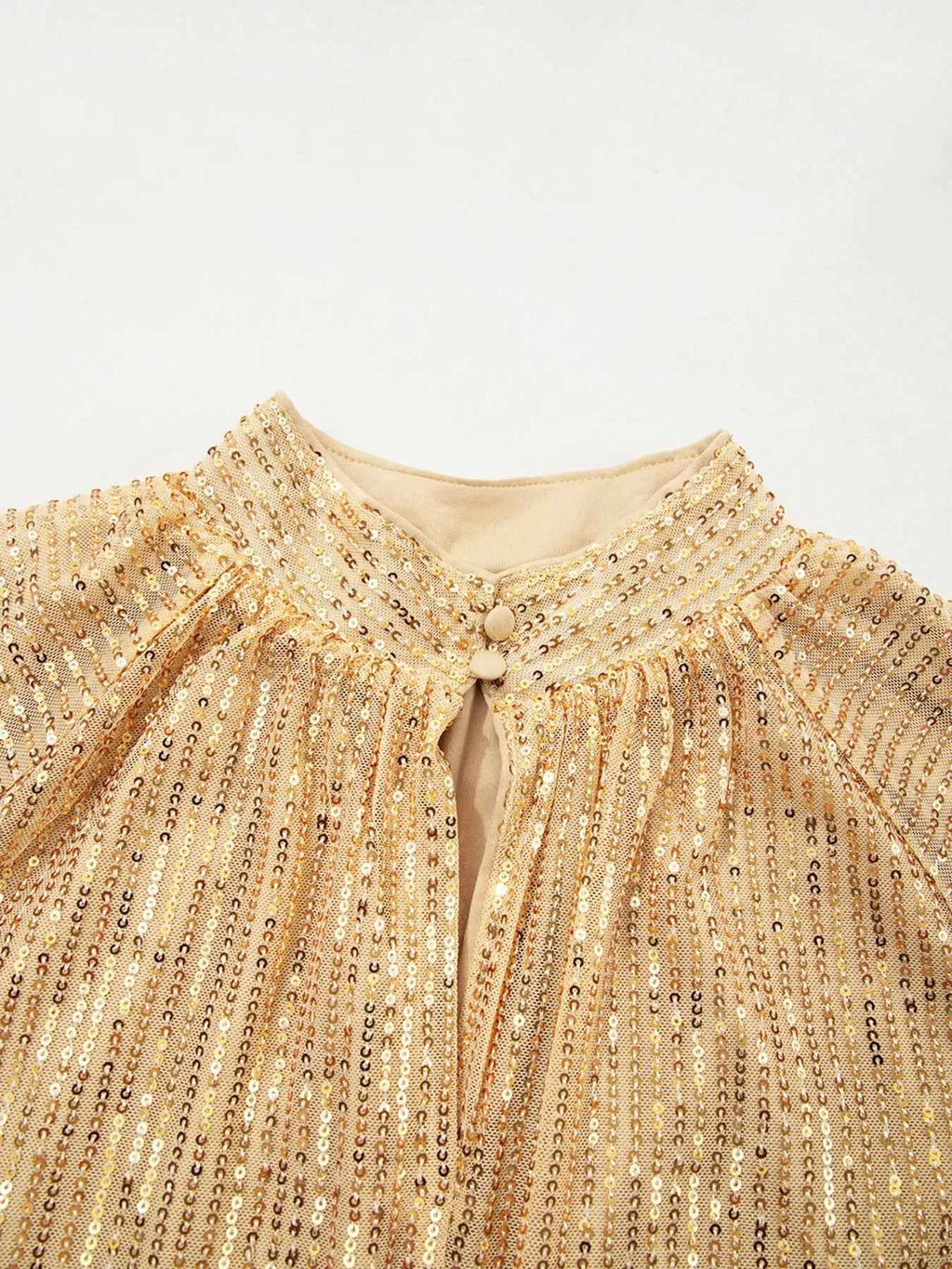 Metallic Balloon Sleeve Buttoned High Neck Loose Blouse 5d00db2e6ec04e9ea6e3bf785f1ba776-Max-Origin