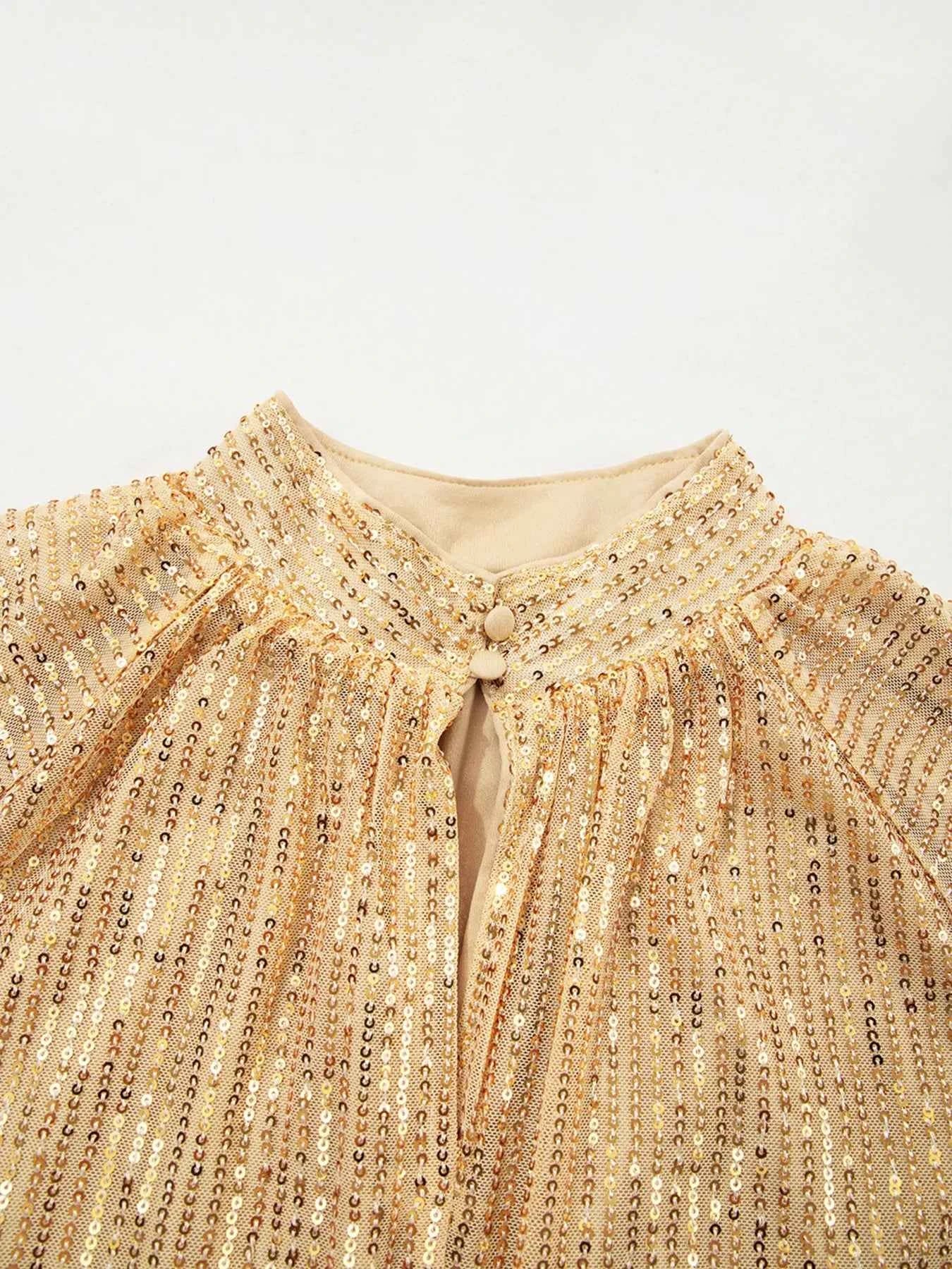 Metallic Balloon Sleeve Buttoned High Neck Loose Blouse 5d00db2e6ec04e9ea6e3bf785f1ba776-Max-Origin