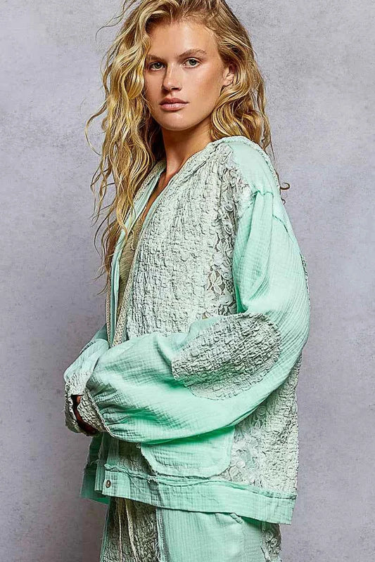 Exposed Seam Button Down Hooded Jacket with Lace Detail 5d07d227-e857-4a15-893a-3b3294e8bd70-Max-Origin