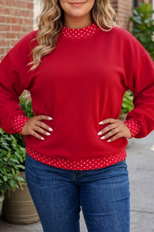 Dirty blue ka Dot Patchwork Round Neck Plus Size Sweatshirt Red 50%Polyester+50%Cotton 5d08154a586b4eb4