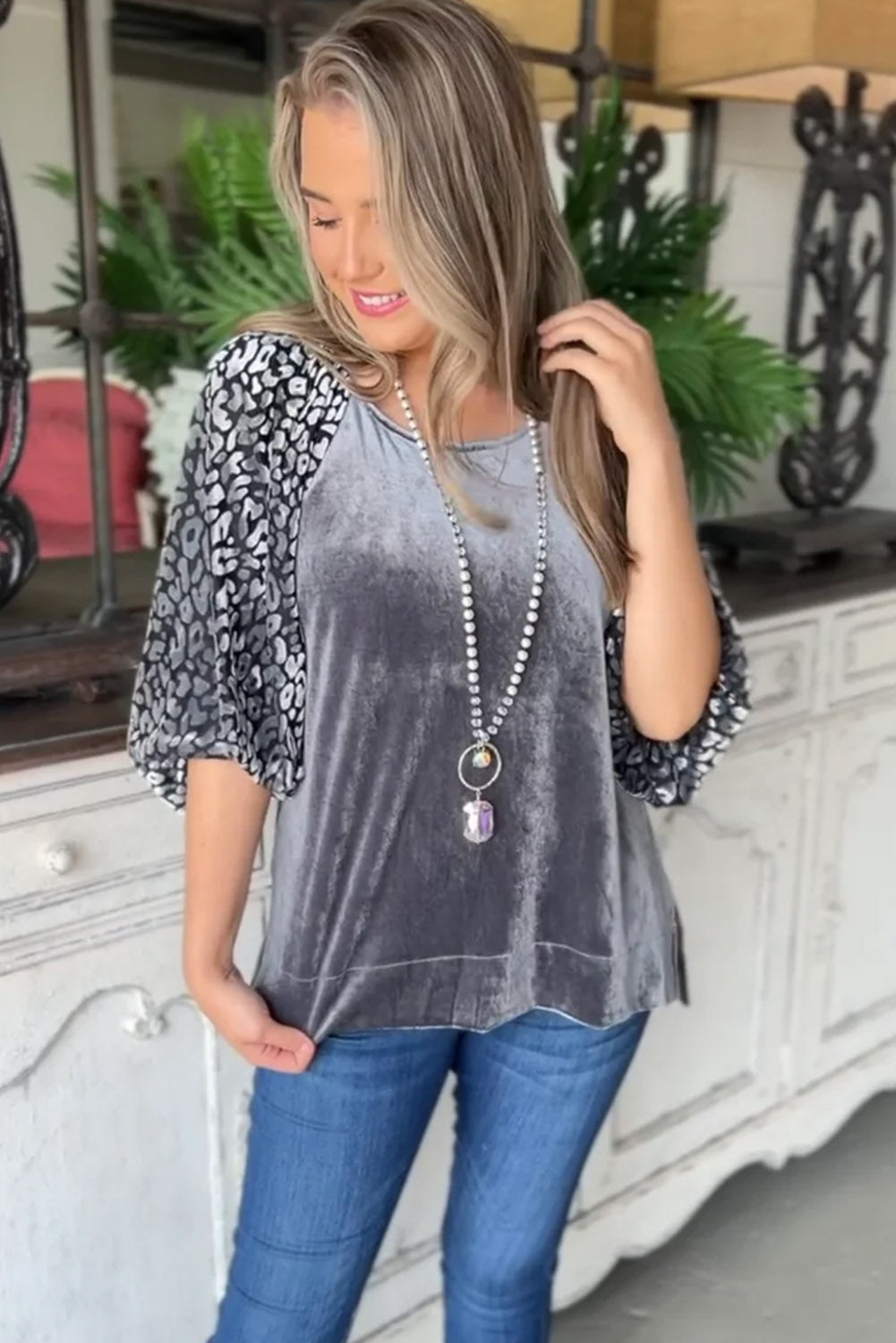Grey Leopard Splicing Lantern Sleeve Velvet Blouse 5d0f3fbdd482faa6