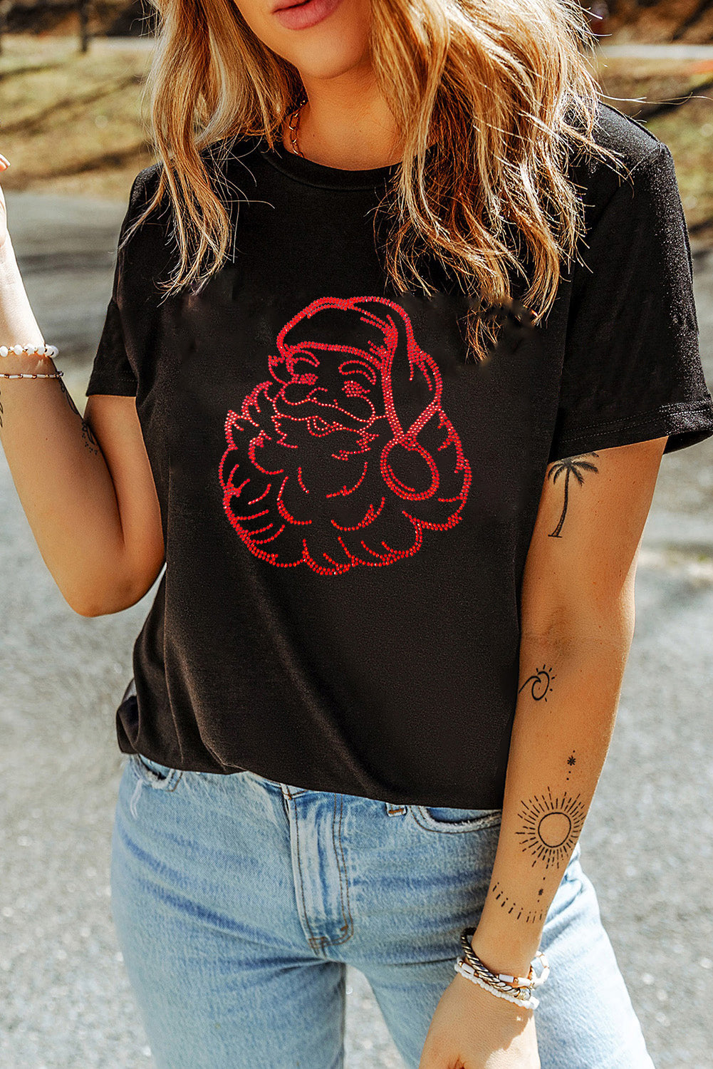 Black Santa Claus Graphic Rhinestone Transfer Christmas T Shirt Black 62%Polyester+32%Cotton+6%Elastane 5d13c194381abd96