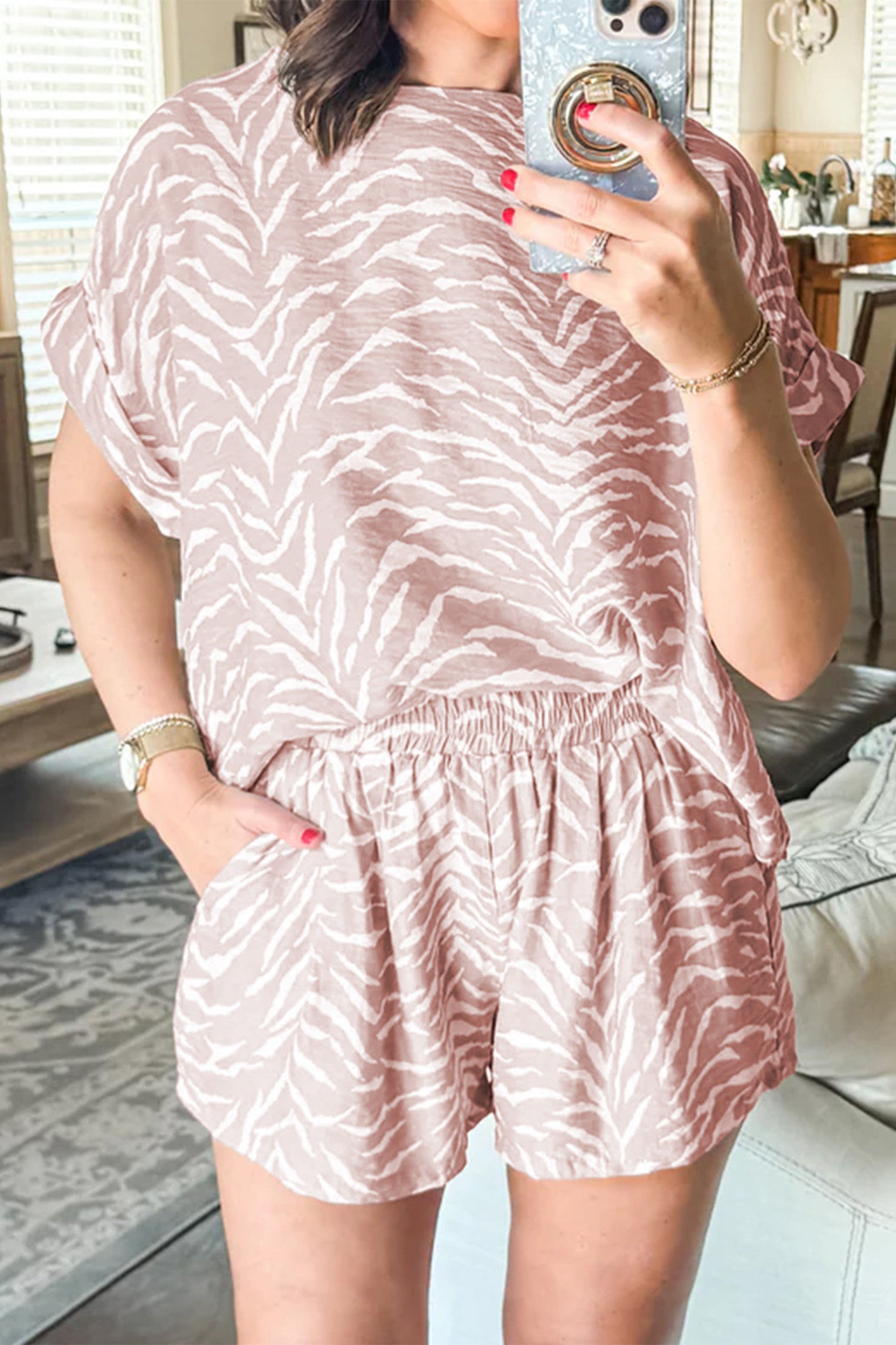 Khaki Abstract Print Cuffed Short Sleeve Loose Top Short Set 5d16d5a182b45a7b