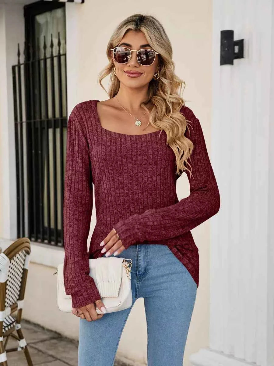 Ribbed Square Neck Long Sleeve T-Shirt 5d1b3c84-e5b3-48fe-9c65-34e84d6f4256-Max-Origin