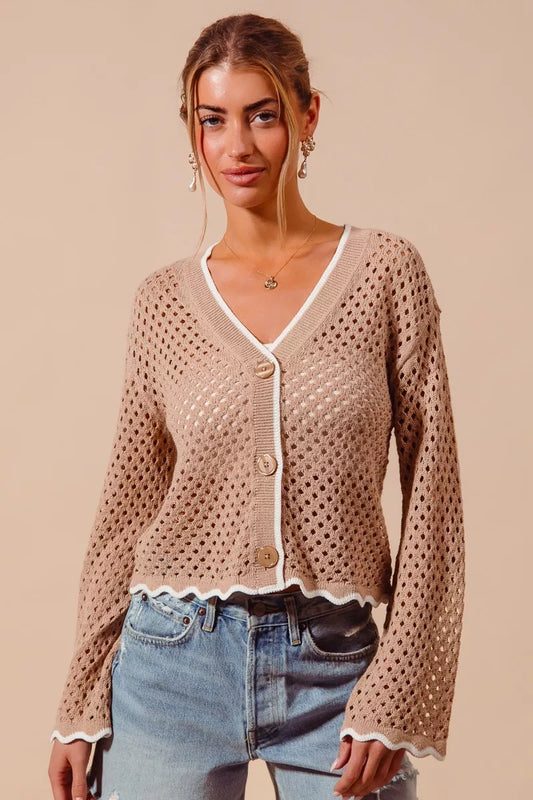 Open Knit Light Weight Sweater Cardigan With Contrast Wavy Scallop Edge 5d1caed9-f527-4047-b574-d253d927d50d-Max-Origin