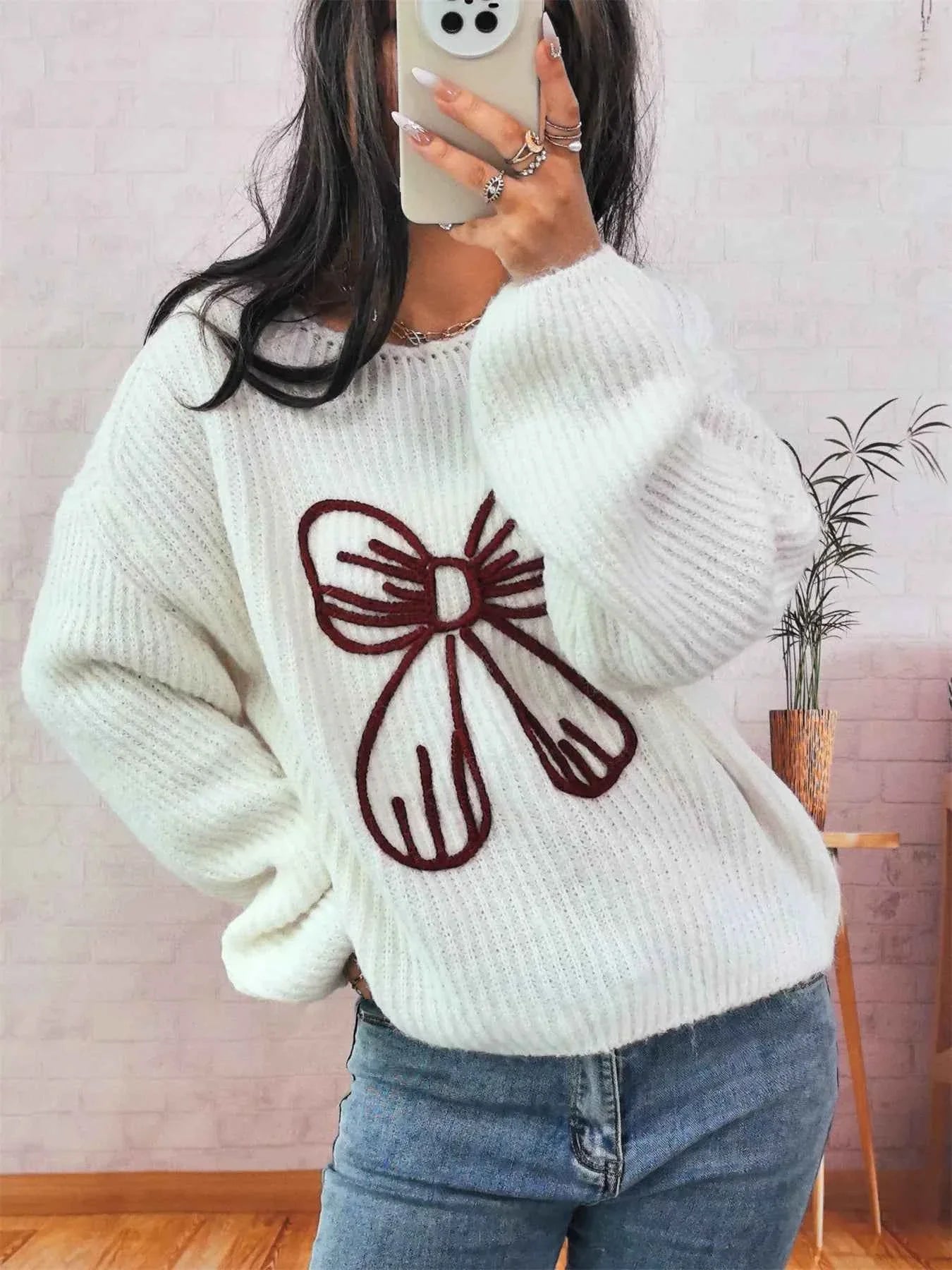 Bow Round Neck Long Sleeve Sweater White One Size 5d1e78218f274407baf09172976ac3f4-Max-Origin